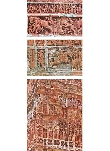 Restored terracotta carvings on top, and worn-out terracotta works, middle and bottom, before the restoration and site development began in August, 2015. Photo: Konkon Karmaker/Anisur Rahman